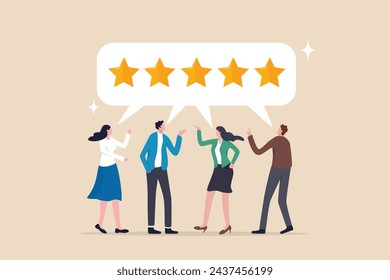 Customer loyalty, consumer satisfaction giving 5 stars rating feedback, best user experience or trust to use service again concept, various customer people giving 5 stars review for quality service.