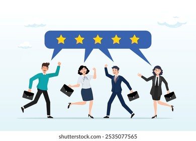 Customer loyalty, consumer satisfaction giving 5 stars rating feedback, best user experience or trust to use service again concept, various customer people giving 5 stars review for quality service