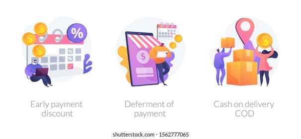 Customer loyalty flat icons set. Order cashback, e commerce service. Early payment discount, deferment of payment, cash on delivery cod metaphors. Vector isolated concept metaphor illustrations.