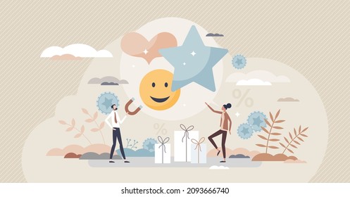 Customer Loyalty And Good Retail Service Experience Tiny Person Concept. Client Care For Good Feedback Ratings And Brand Recognition Vector Illustration. Loyal Consumer Attraction To Reliable Product.