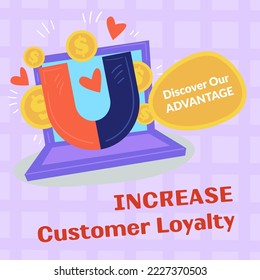 Customer loyalty increasing, discover our advantages. Develop and improve your business magnet pulling money and attracting clients. New users and buyers of products. Vector in flat style illustration