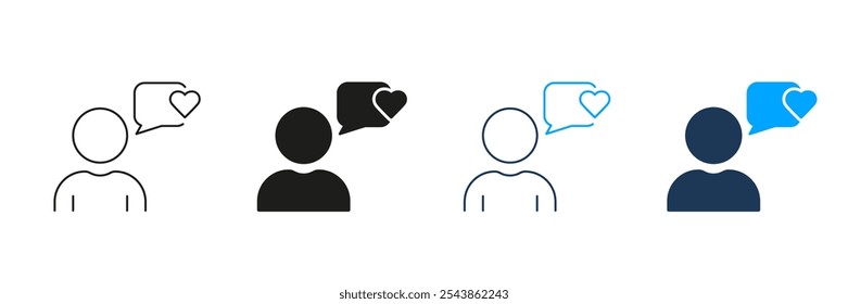 Customer Loyalty Line und Silhouette Icon Set. Piktogramm für Verbraucherbewertung. Benutzer-Feedback-Symbol. Person mit Sprechblase und Herzform Zeichen. Bearbeitbarer Strich. Isolierte Vektorgrafik.