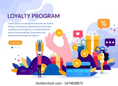 Customer loyalty marketing program, returning customer flat vector illustration with icons and elements. Flat Vector Illustration