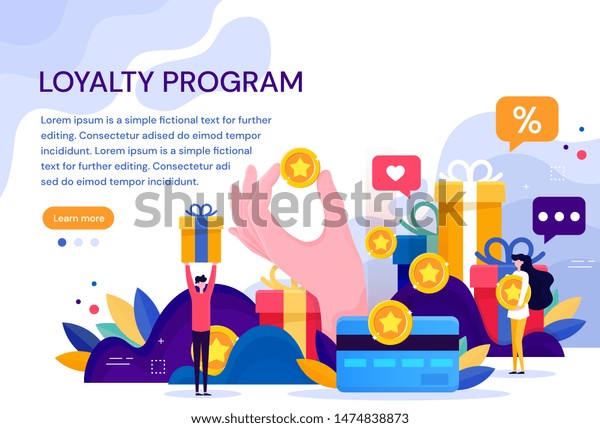 Customer loyalty marketing program,\
returning customer flat vector illustration with icons and\
elements. Flat Vector\
Illustration