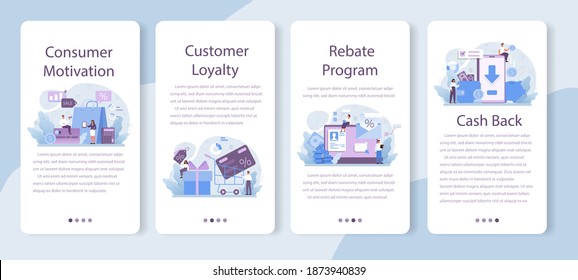 Customer loyalty mobile application banner set. Marketing program development for client retention. Idea of communication and relationship with customers. Flat vector illustration