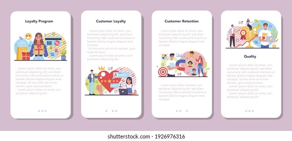Customer loyalty mobile application banner set. Marketing program development for client retention. Idea of communication and relationship with customers. Flat vector illustration