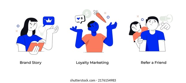 Customer loyalty in online business. Set of concepts. Brand story. Loyalty marketing. Refer a friend. Visual scenes for storytelling
