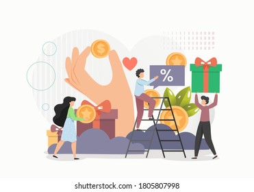 Customer Loyalty Program Concept Flat Vector Illustration. People Earning Points, Bonuses, Getting Gifts, Discounts, Cash Back For Shopping And Spending Money. Online Rewards, Digital Referral Program