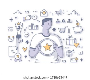 Customer loyalty program. Concept of marketing strategy to encourage customers to spend more time and money with the brands they're loyal to. Doodle vector spot illustration