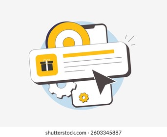 Customer loyalty program concept with reward points, e-commerce marketing strategy, brand engagement and customer retention for online business success. E-commerce gifts vector illustration and icons