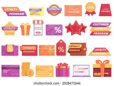 Customer Loyalty Program Icons Set Cartoon Vector. Reward Member. System Back