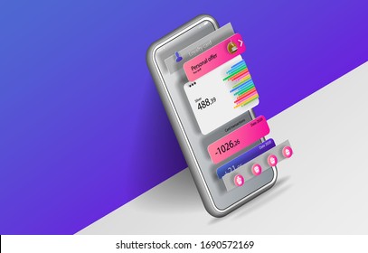  Customer loyalty program interface on the mobile phone screen in space. Vector banner