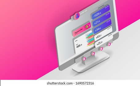 Customer loyalty program interface on an office computer screen in space. Vector banner