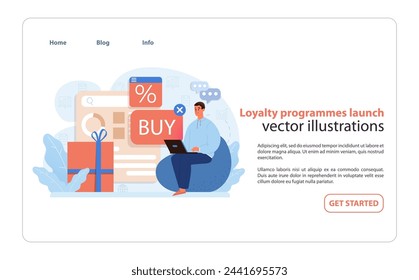 Customer Loyalty Program Launch. Illustration of a marketing expert initiating reward-based loyalty schemes on a digital platform. Strengthening brand retention. Flat vector illustration.