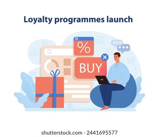 Customer Loyalty Program Launch. Illustration of a marketing expert initiating reward-based loyalty schemes on a digital platform. Strengthening brand retention. Flat vector illustration.