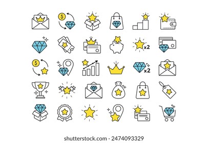 Customer loyalty program line icon set. Star, money, order, piggy bank, cup, letter, credit card, coupon, wallet, doubling, rating, bag, location, box, gift bag vector