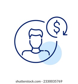 Customer loyalty program member. Male user avatar with cash back symbol. Pixel perfect icon