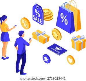 Cliente Programas de lealtad Anuncio Landing page Plantilla con chica y hombre elige regalos para bonificaciones del programa de lealtad. Programas de fidelización de Clientes como parte del marketing de devoluciones de Clientes. Caja de regalo, puntos, bonos. Vector isométrico