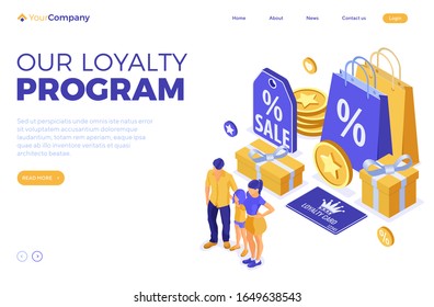 Customer loyalty programs landing page template. family and child with gifts for bonuses from loyalty program as part of customer return marketing. gift box, points, bonuses. isometric vector