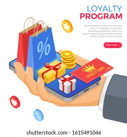 Customer loyalty programs as part of customer return marketing. gift box, returns, interest, points, bonuses. hand with smartphone gives gifts for bonuses from loyalty program. isometric vector