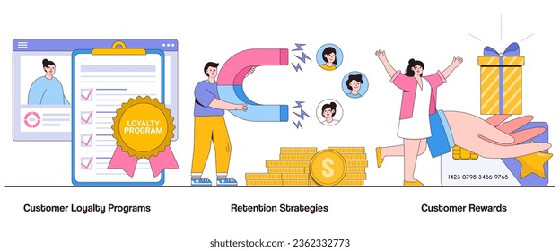 Customer loyalty programs, retention strategies, customer rewards concept with character. Customer loyalty abstract vector illustration set. Repeat purchases, customer satisfaction, brand advocacy.