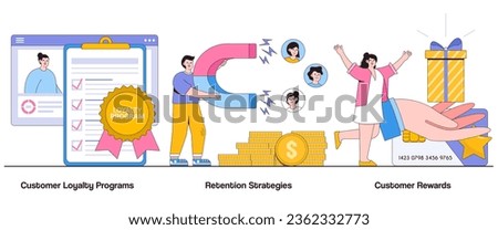 Customer loyalty programs, retention strategies, customer rewards concept with character. Customer loyalty abstract vector illustration set. Repeat purchases, customer satisfaction, brand advocacy.