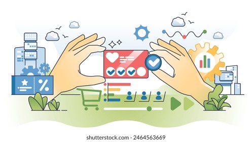 Customer loyalty programs and shopping discount cards outline hands concept. Satisfaction from clients from bonus and reward prizes vector illustration. Coupon and award earning strategy for loyalty.