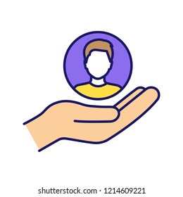 Customer loyalty and retention color icon. Clients care service. Customer support. Increasing participation, involvement, membership. Service request. Hand holding person. Isolated vector illustration