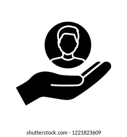 Customer Loyalty And Retention Glyph Icon. Clients Care Service. Customer Support. Service Request. Hand Holding Person. Customers Attracting. Silhouette Symbol. Vector Isolated Illustration