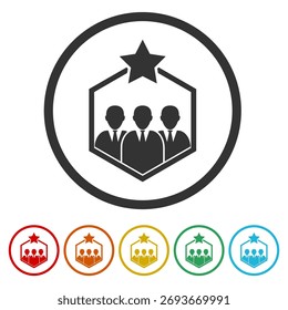 Icono de fidelidad o retención de Clientes con icono de estrella. Establecer íconos en Botones de círculo de color