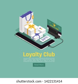 Customer loyalty retention isometric background composition with read more button images of gift boxes and smartphone vector illustration
