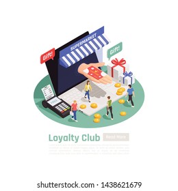 Customer loyalty retention isometric background composition with conceptual images of people payment methods laptop and text vector illustration