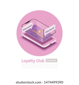 Customer loyalty retention isometric background with images of smartphone layer frames text and read more button vector illustration