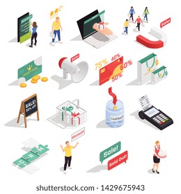 Customer loyalty retention isometric concept icons collection with sixteen isolated images with human characters symbols signs vector illustration
