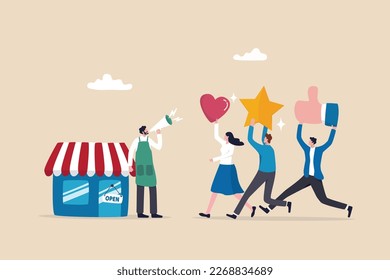 Customer loyalty or retention, marketing strategy for return customer, CRM to increase sale and satisfaction concept, store owner with megaphone tell loyalty customers with brand positive feedback.