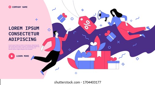 Customer loyalty reward program, referral marketing. Man shopping, woman promotes on megaphone, receive discount, bonus, gift from seller store. Vector flat concept for banner, website or landing page