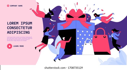 Customer loyalty reward program, referral marketing, advertising, promotion method. Man and woman shopping, win big gift, bonus from seller store. Vector flat concept banner, website or landing page