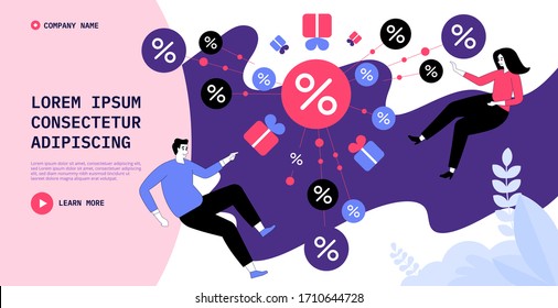 Customer loyalty reward program, referral marketing, promotion method. Man and woman shopping, receives discount system, gift from seller store. Vector flat concept for banner, website or landing page