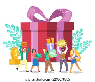 Customer loyalty reward program vector. People using bonus for shopping, online discount and coupon during retail sale illustration. Marketing, commerce and promotion