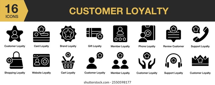 Conjunto de iconos sólidos de Cliente Loyalty. Incluye marca, tarjeta, regalo, miembro, teléfono, Sitio web, Carrito y más. Colección de Vector de iconos sólidos.