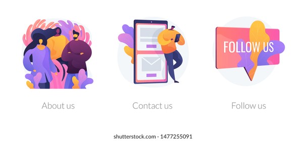 Customer loyalty and technical support web icons set. Clients hotline. Website information. About us, contact us, follow us metaphors. Vector isolated concept metaphor illustrations