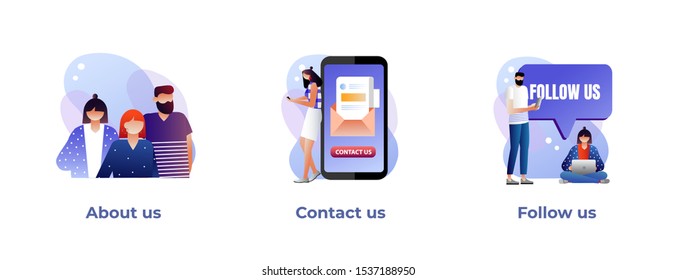 	
Customer loyalty and technical support web icons set. Clients hotline. Website information. About us, contact us, follow us metaphors. Vector isolated concept metaphor illustrations