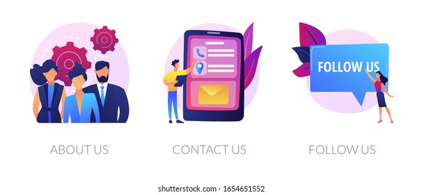 Customer loyalty and technical support web icons set. Clients hotline. Website information. About us, contact us, follow us metaphors. Vector isolated concept metaphor illustrations