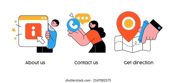 Customer loyalty and technical support web icons set. Clients hotline. Website information. About us, contact us, follow us metaphors.