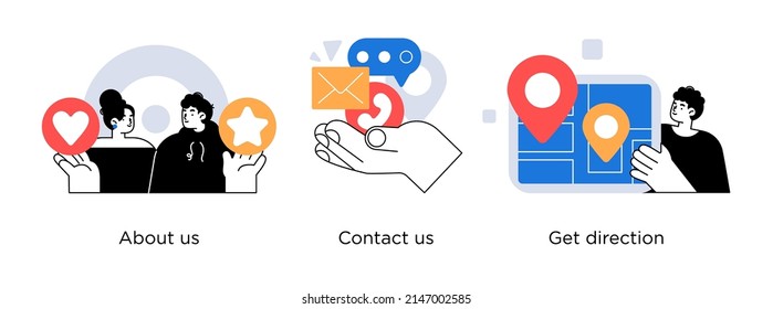 Customer loyalty and technical support web icons set. Clients hotline. Website information. About us, contact us, follow us metaphors.