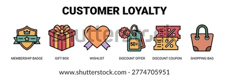 Customer Loyalty web banner icon vector illustration concept with icons of membership badge, gift box, wishlist, discount offer, discount coupon, and shopping bag.