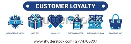 Customer Loyalty web banner icon vector illustration concept with icons of membership badge, gift box, wishlist, discount offer, discount coupon, and shopping bag.