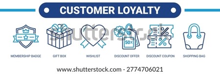 Customer Loyalty web banner icon vector illustration concept with icons of membership badge, gift box, wishlist, discount offer, discount coupon, and shopping bag.