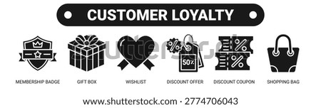 Customer Loyalty web banner icon vector illustration concept with icons of membership badge, gift box, wishlist, discount offer, discount coupon, and shopping bag.