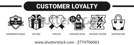 Customer Loyalty web banner icon vector illustration concept with icons of membership badge, gift box, wishlist, discount offer, discount coupon, and shopping bag.